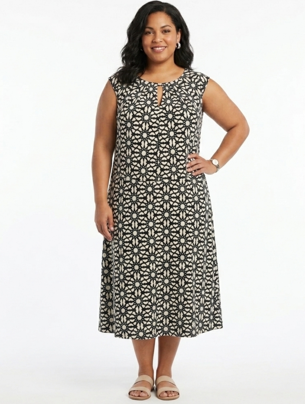 Black & White Midi Dress Plus Size 18W Geometric Starburst Corporate Office